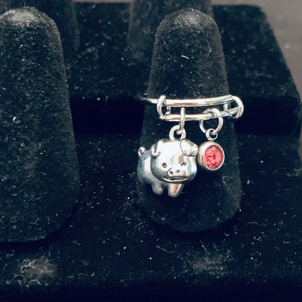 Pig charm dangle ring with birthstone charm